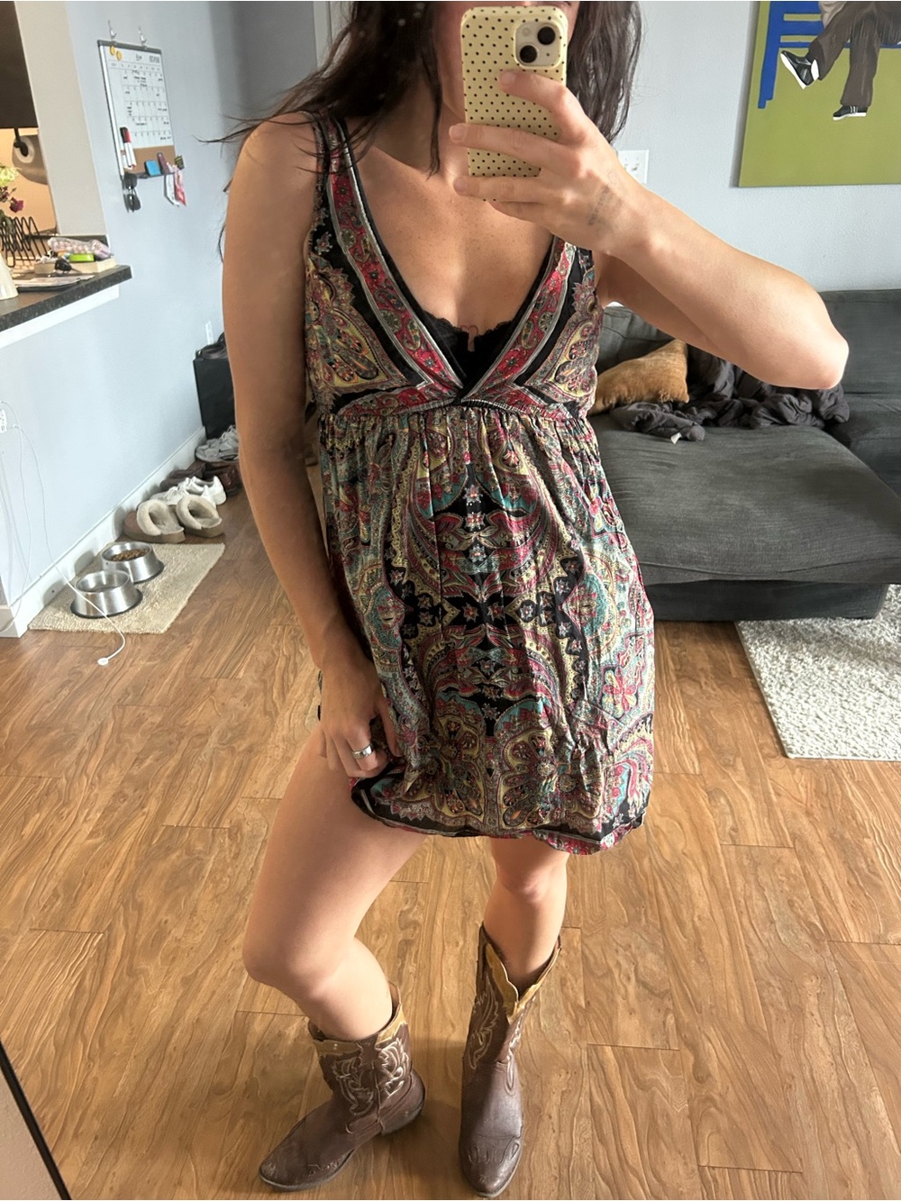 Angie Paisley V-Neck Sleeveless Mini babydoll Dress -